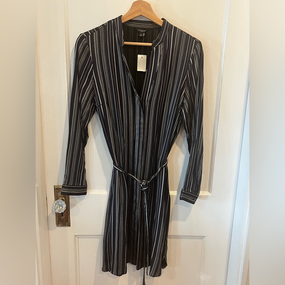 Ann Taylor Striped Navy Shirt Dress with Tie Waist